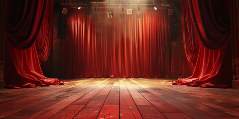 The red stage curtain and wooden floor realistic modern . Covers for theaters, operas, concerts, and cinemas. Portiere for ceremony performances. illustration