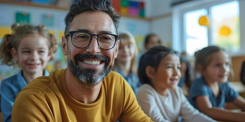 Fototapeta premium Dedicated Teacher Guiding Students in Collaborative Classroom Environment for Educational Success and Growth
