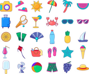 Summertime clipart collection vector. Exotic fruit, ice cream, summer accessories, sports and happy leisure on the seashore. Hello Summer. Weekend and relaxation at the pool. Comic funny outline illus