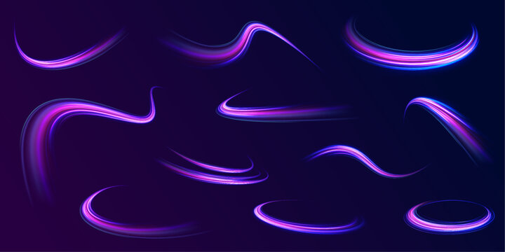 Purple glowing wave swirl, impulse cable lines. Long time exposure. High speed effect motion blur night lights blue and red