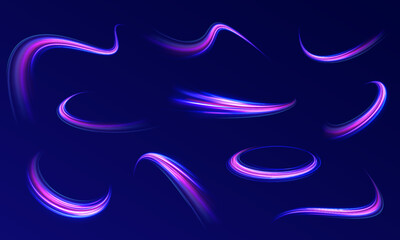 Purple glowing wave swirl, impulse cable lines. Long time exposure. High speed effect motion blur night lights blue and red