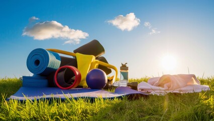 A close-up a yoga mat and exercise band, set against the backdrop of a sun-soaked summer street workout. The green grass surrounds the workout area. The atmosphere is energetic