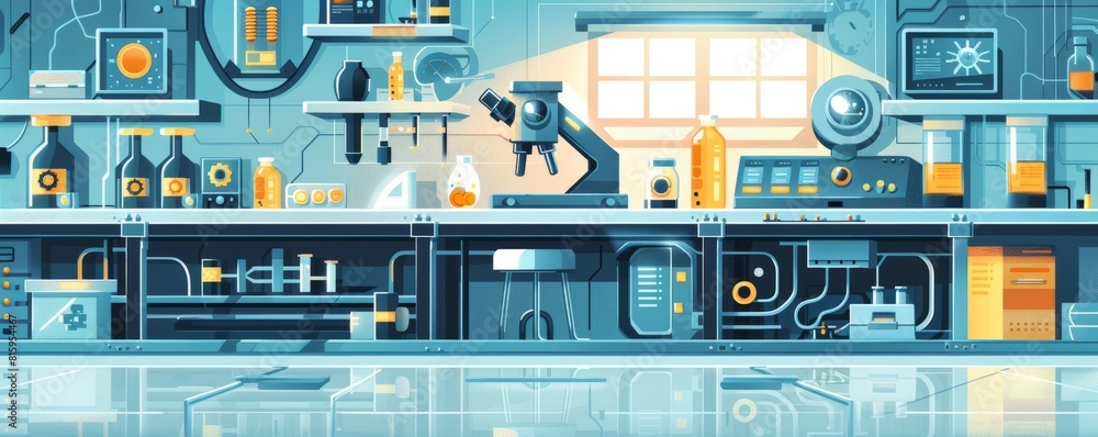 Poster a bio-mechanical laboratory where scientists conduct experiments on hybrid organisms and cybernetic 