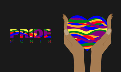 Banner template for Pride Month. Heart silhouette with multicolored lines of LGBT flag colors. Heart in hands. Dark background and multi-colored text Pride Month