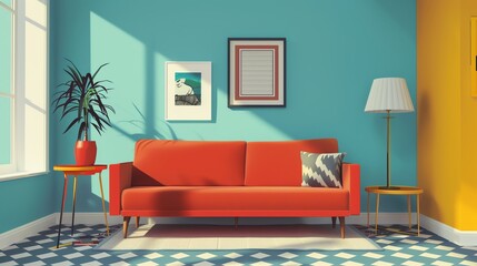 Minimalist living room flat design side view simple theme animation Triadic Color Scheme