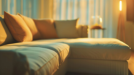 Stylish living room interior with comfortable sofa and ottoman : Generative AI