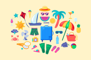 Large kit of beachwear and accessories, wardrobe and entertainment items. Collection of clothing and food icons in bright summer colors. Set of multicolored symbols isolated on white background