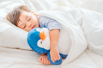 Happy asian cute boy sleeping with the penguin doll. Dreaming concept. Soft focus. Copy space.