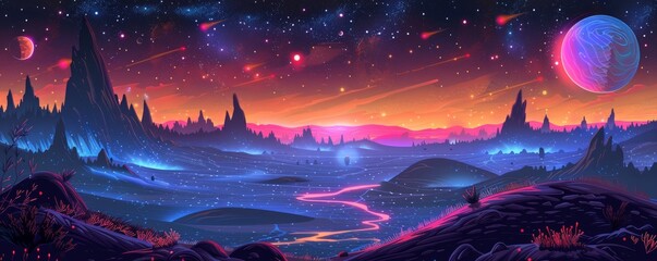 An alien world of bioluminescent wonders, where glowing flora and fauna illuminate the dark expanse of the alien landscape.   illustration.