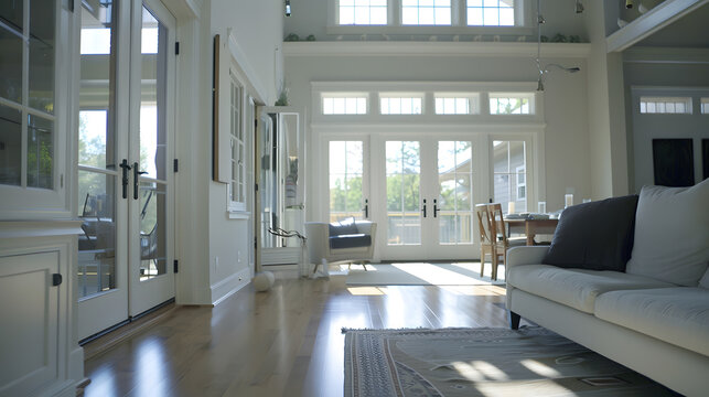 Clean bright great room with couch dining room and large windows : Generative AI