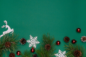Merry Christmas. Stylish Christmas layout with festive New Year decorations, pine branches,...
