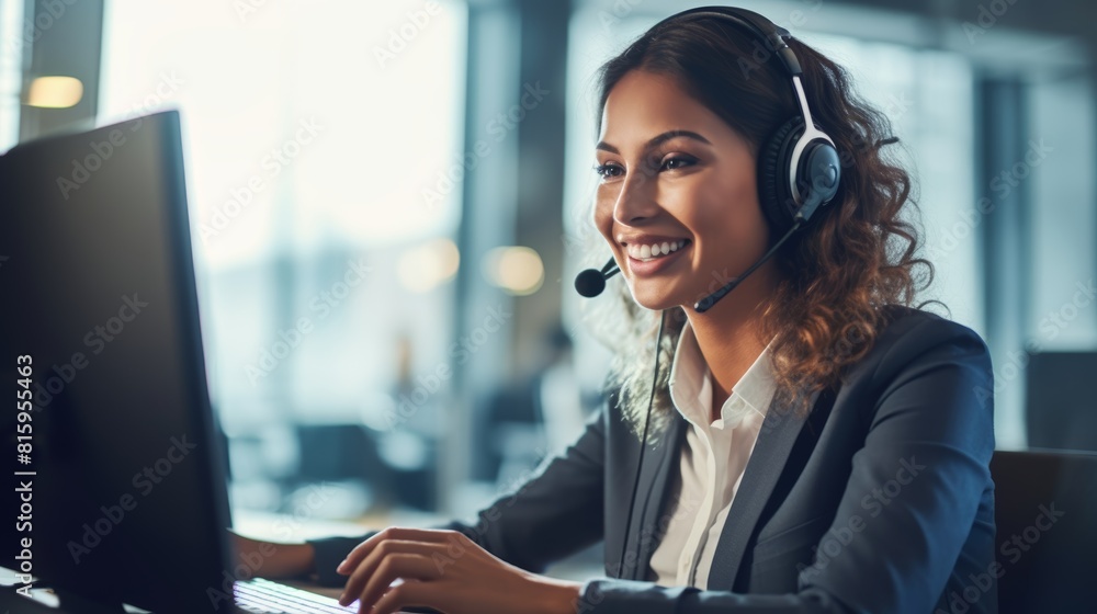 Poster young joyful mixed-race girl call center agent answering calls and typing emails on a desktop comput