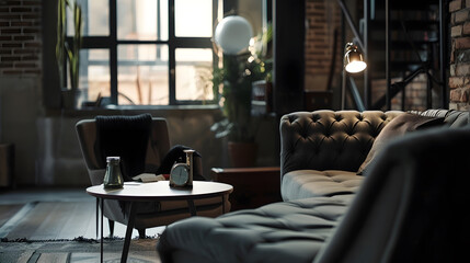 The stylish compostion at living room interior with design gray sofa armchair black coffee table lamp and elegant personal accessories Loft and industrial interior Template : Generative AI