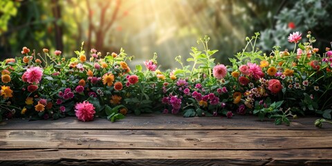 Morning garden flower background with wood table top for product display or design layout illustration