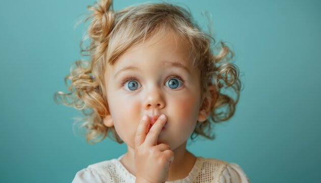 Inquisitive toddler tilting head quizzically, finger in mouth against pastel green.