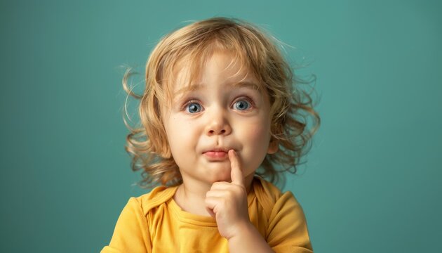 Inquisitive toddler tilting head quizzically, finger in mouth against pastel green.