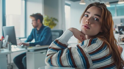 Young mixed-race entrepreneur utilizing a desktop computer at work. Businesswoman smiling at a desk is Hispanic. Businessperson daydreaming on computer