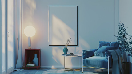 Interior design of harmonized living room with blue commode velvet armchair coffee table mock up poster frame side table decoration and personal accessories Creative home decor Templat : Generative AI