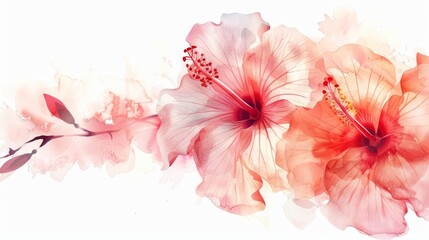 delicate watercolor hibiscus flowers on white background artistic summer template digital painting