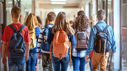 Students seen from the back, walking towards the school entrance, their steps brisk and backpacks bobbing