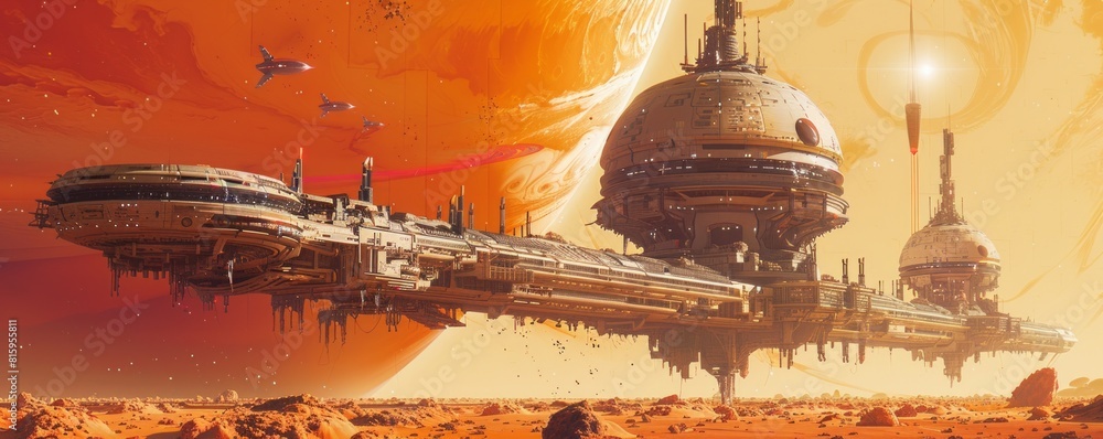 Aufkleber an abandoned space station orbiting a distant gas giant, its metal hull adorned with intricate patte