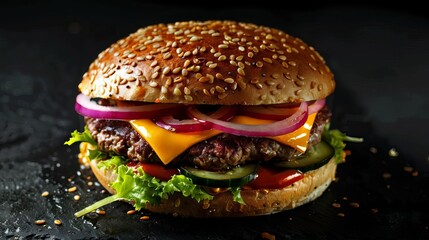 delicious gourmet burger with meat cheese onion cucumber appetizing fast food photo