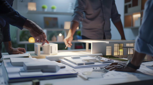 Group of interior designer team in meeting discussing with engineer on interior design and planning for house project blueprint and model choosing various mood board materials Insight : Generative AI