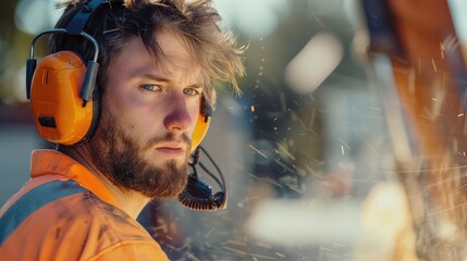 A young male road construction worker, with a beard and ear protection, using a power saw to cut through pavement on a sunny day. 