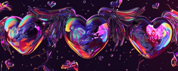 A row of colorful hearts with wings on an electric blue background