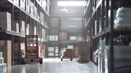 Interior of a modern warehouse storage of retail shop with pallet truck near shelves : Generative AI