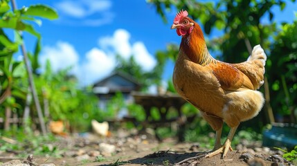 Fototapeta premium Majestic Rooster Amidst Garden Greenery