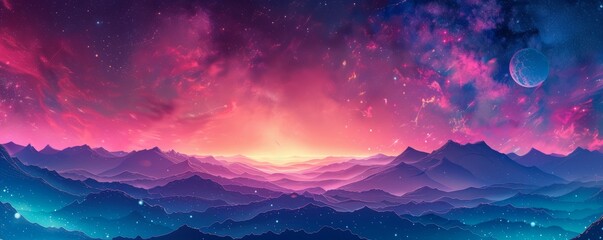 A cosmic dreamscape where planets orbit distant stars, and nebulae paint the sky with vibrant hues of blue and purple.   illustration.