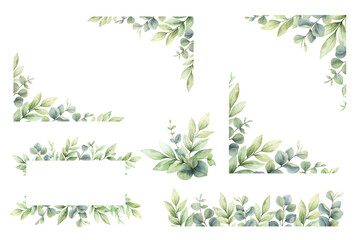 Eucalyptus leaves and greenery borders set.  Watercolor green leaves and branches. Clipart for...