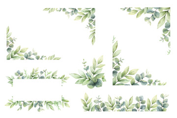 Eucalyptus leaves and greenery borders set.  Watercolor green leaves and branches. Clipart for invitations, greeting cards, save the date, stationery design. Hand drawn illustration.
