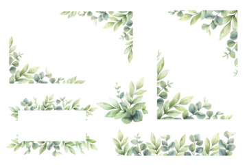 Eucalyptus leaves and greenery borders set.  Watercolor green leaves and branches. Clipart for invitations, greeting cards, save the date, stationery design. Hand drawn illustration.