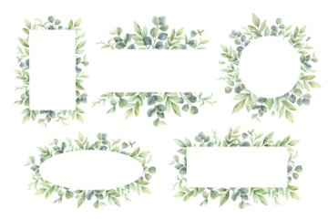 Eucalyptus leaves and greenery frames set.  Watercolor green leaves and branches. Arrangement for invitations, greeting cards, save the date, albums. Hand drawn illustration.