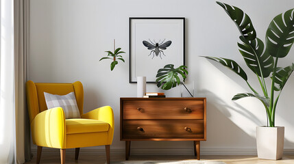 Classy minimalist living room interior with a framed insect poster on a wooden dresser yellow armchair and monstera plant : Generative AI