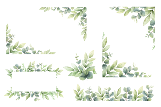Eucalyptus leaves and greenery borders set.  Watercolor green leaves and branches. Clipart for invitations, greeting cards, save the date, stationery design. Hand drawn illustration.