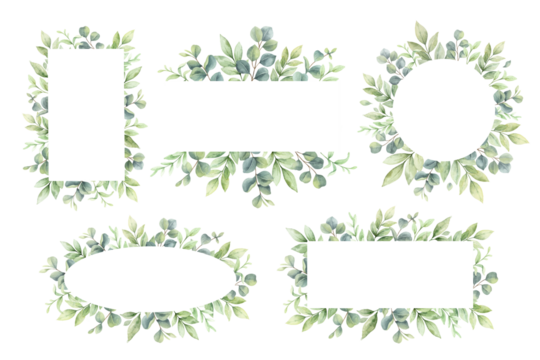 Eucalyptus leaves and greenery frames set.  Watercolor green leaves and branches. Arrangement for invitations, greeting cards, save the date, albums. Hand drawn illustration.
