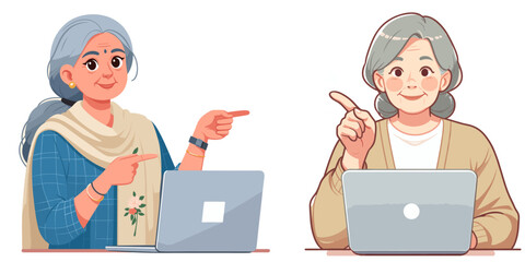 elderly woman pointing  at her laptop 