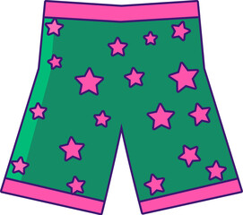 Shorts summer clothing. Bright green beach shorts with star pattern. Summer holiday icon. Simple stroke vector element isolated on white background