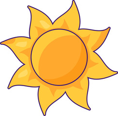 Yellow sun shines hotly with its rays. Bright summer sun. Summer holiday icon. Simple stroke vector element isolated on white background