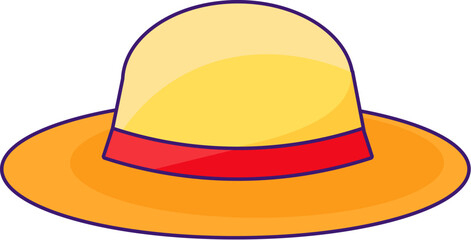 Summer panama hat with wide brim. Lightweight woven beach hat for sun protection. Summer holiday icon. Simple stroke vector element isolated on white background