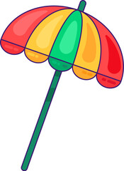 Beach parasol for sun protection. Multi colored beach umbrella on stick. Summer holiday icon. Simple stroke vector element isolated on white background
