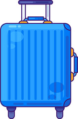 Accessories for transporting tourist luggage. Blue suitcase on wheels with handle. Summer holiday icon. Simple stroke vector element isolated on white background