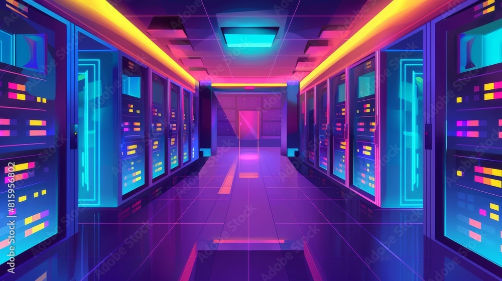 Poster the data server room, the database storage, and the network communication. this is a modern cartoon 
