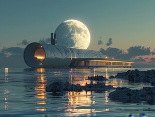 Emphasizing the potential of tidal energy in the renewable landscape, the image features a tidal power station with the moon in the backdrop.