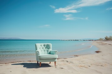 A blue armchair is sitting on the beach next to the water