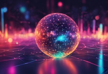 Abstract data analysis concept featuring a glowing orb of bokeh as the focal point, with intricate networks in the background. Bokeh effects enhance depth, complemented by neon gradients in a data vis