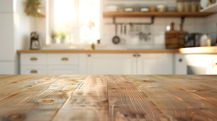 beautiful brown wood table top kitchen interior background and blurred defocused with daylight flare bokeh product montage display : Generative AI